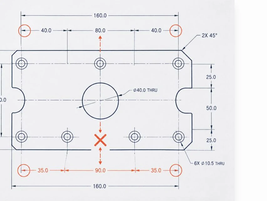 Technical drawing crop highlighting conflicting dimensions