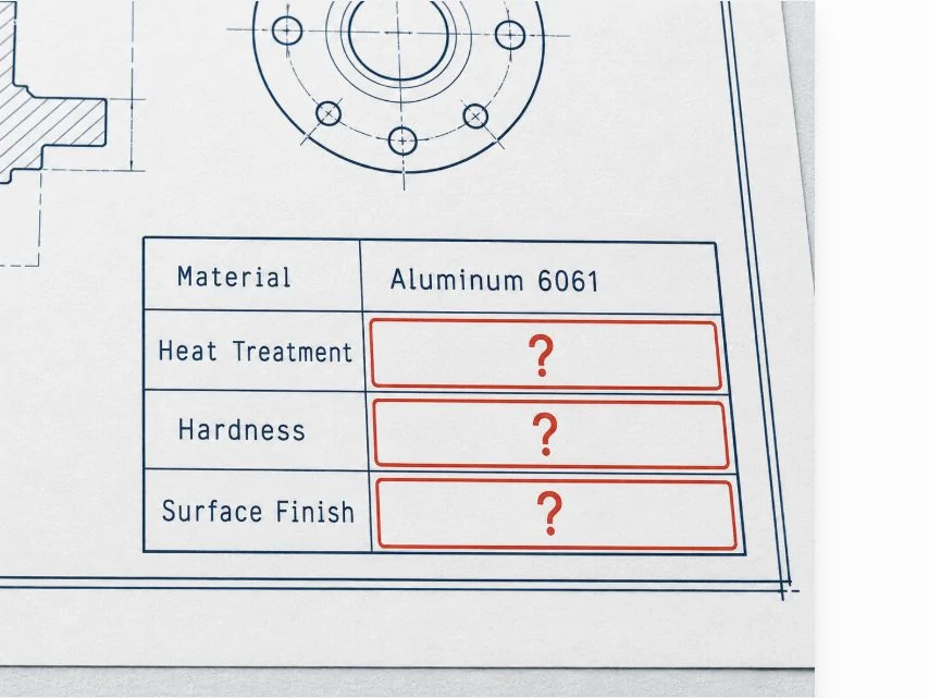 Drawing note highlighting missing material and condition information