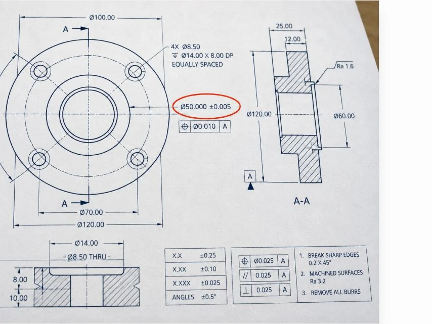 Technical drawing crop highlighting an unnecessarily tight tolerance