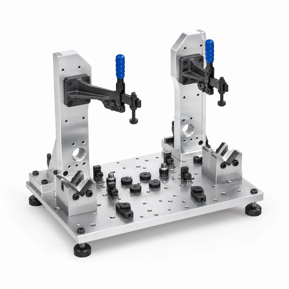 Upright locating supports with clamps on an assembly tooling plate
