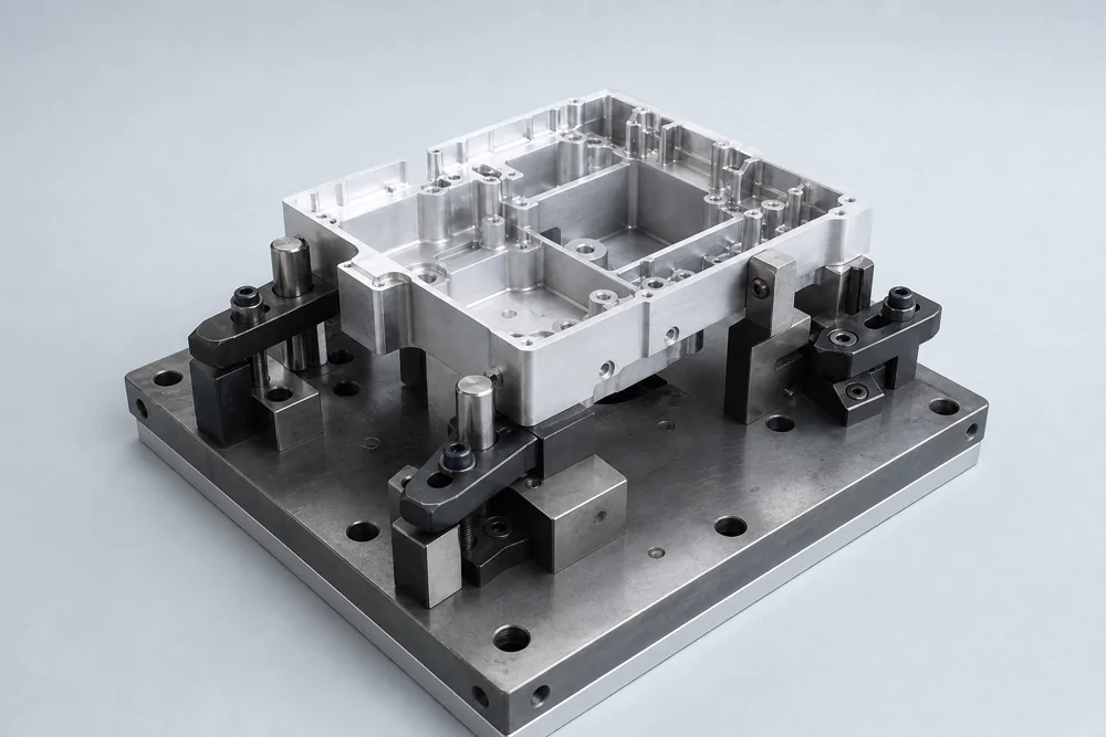 Housing supported by locating blocks and clamps on a fixture base