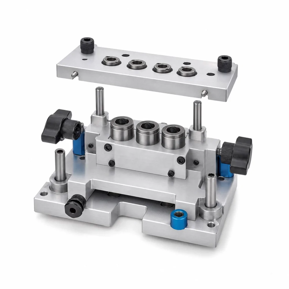 Bushed guide plate and locating supports assembled on a machined base