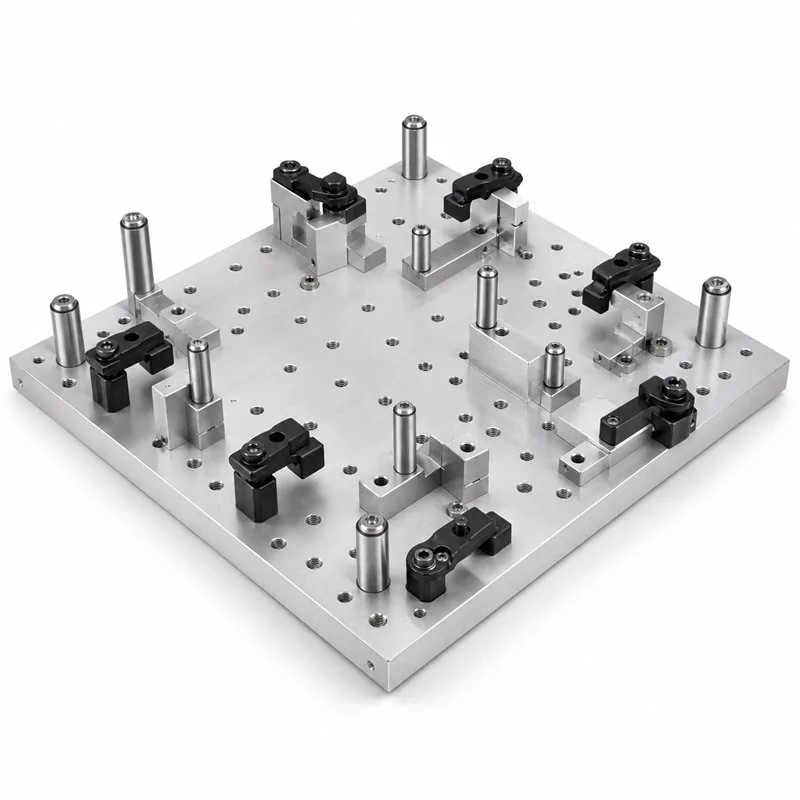 Machined base plate with hole patterns and mounted tooling elements