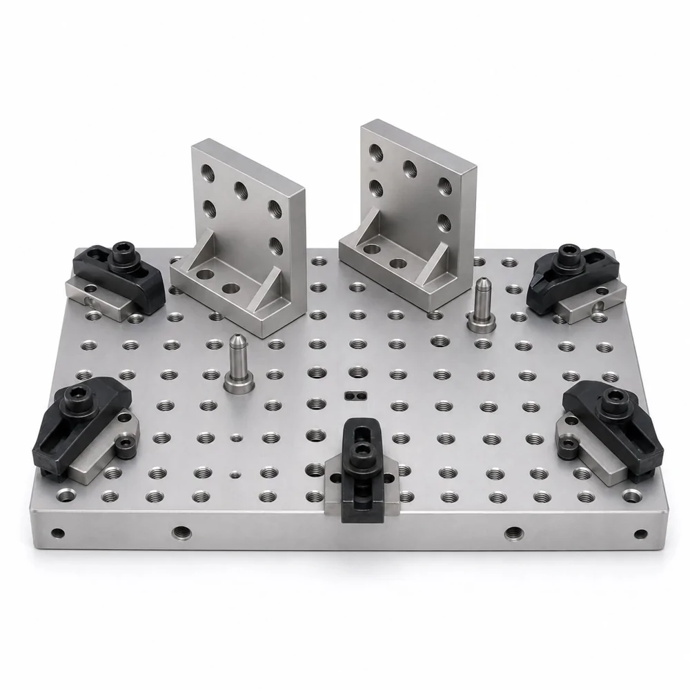 Clamp mounting blocks and upright supports on a tooling plate