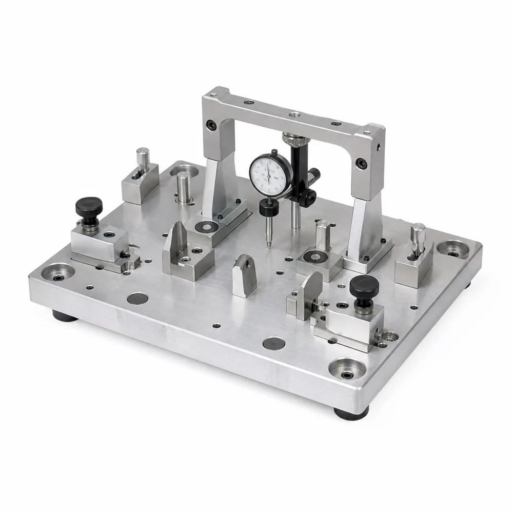 Inspection fixture with locating supports and dial indicators