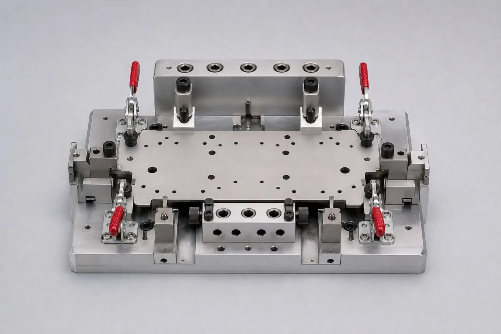 Fixture plate with guide holes, supports and clamp interfaces