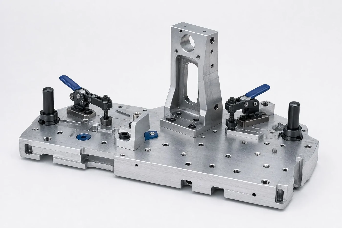 Fixture plate with upright support, locating pins and toggle clamps