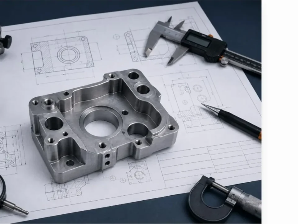 Milled bracket, engineering drawing and caliper on a work surface