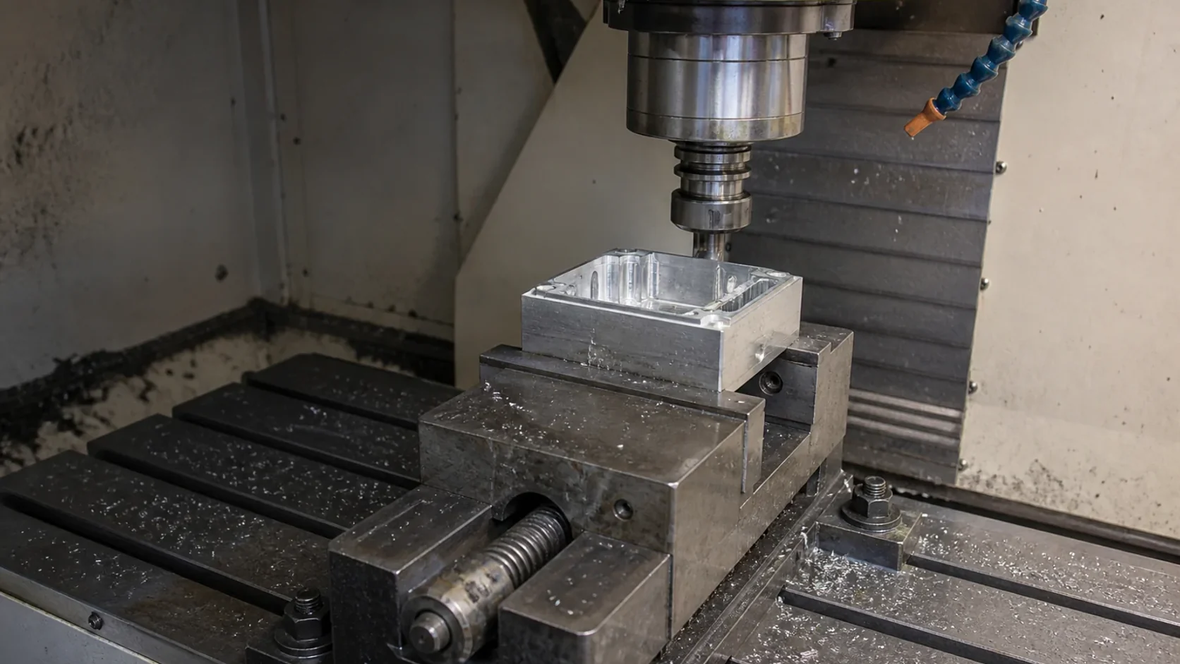 Representative aluminum housing held in a vise below a CNC spindle