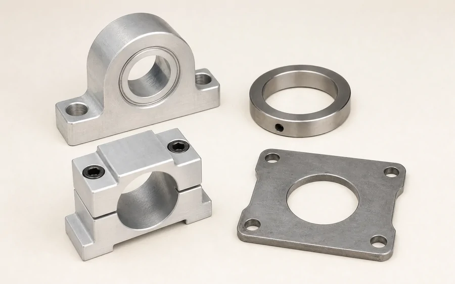 Machined bearing supports, split clamp, shaft collar and mounting plate