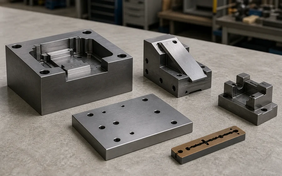 Tooling plates, metal inserts and locating blocks on a bench
