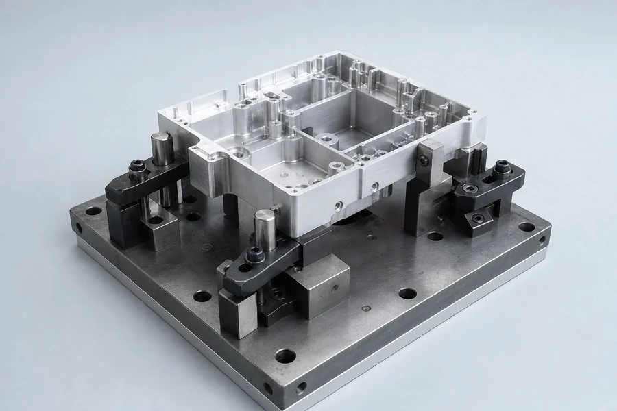 Rectangular machined housing held on a fixture base