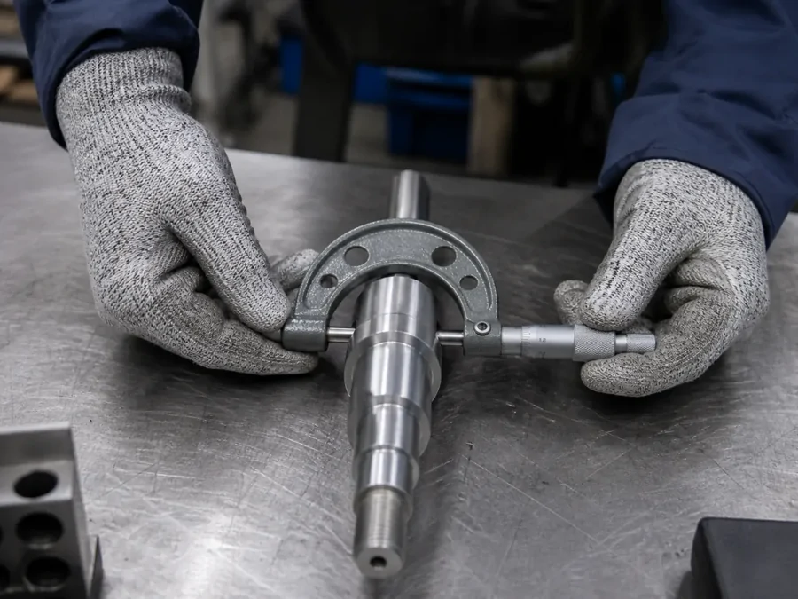 Micrometer checking a cylindrical metal component