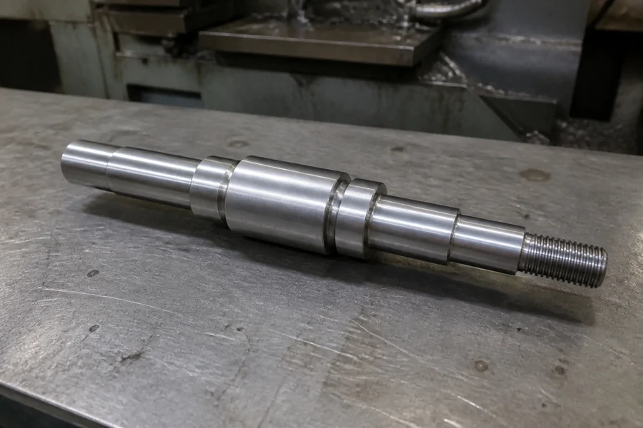 Stepped metal shaft with turned shoulders and a keyway