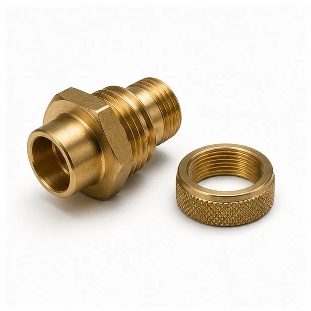 Brass threaded fitting and knurled retaining ring