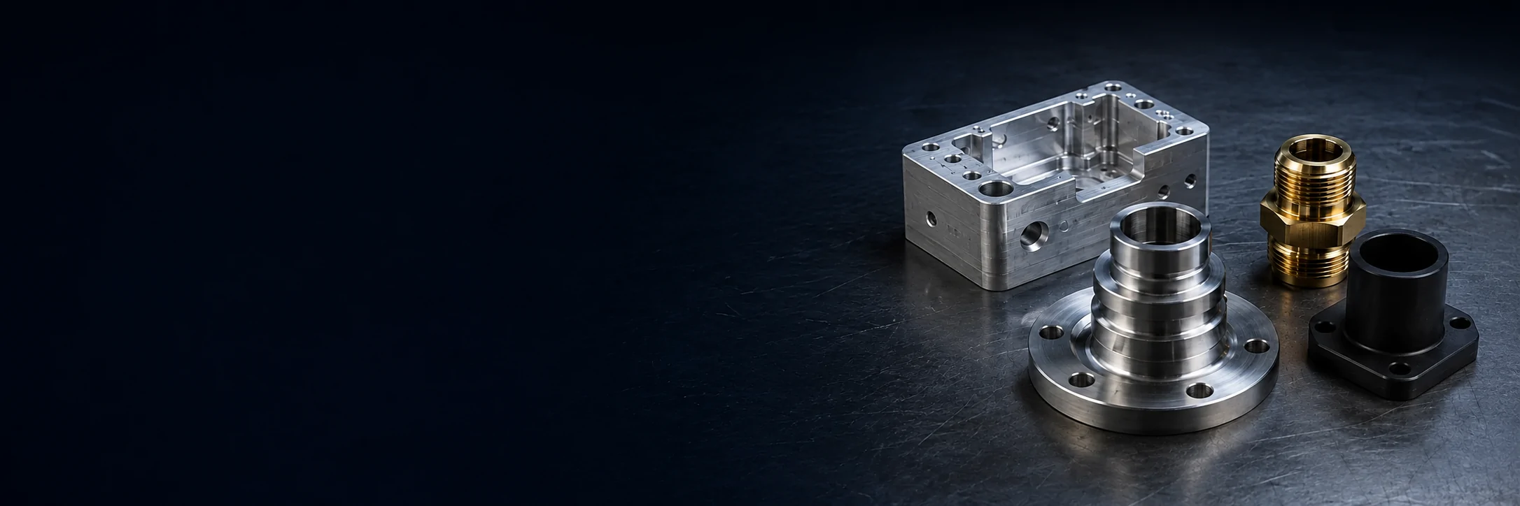 Aluminum milled housing, stainless steel flange, brass fitting and black engineering plastic component