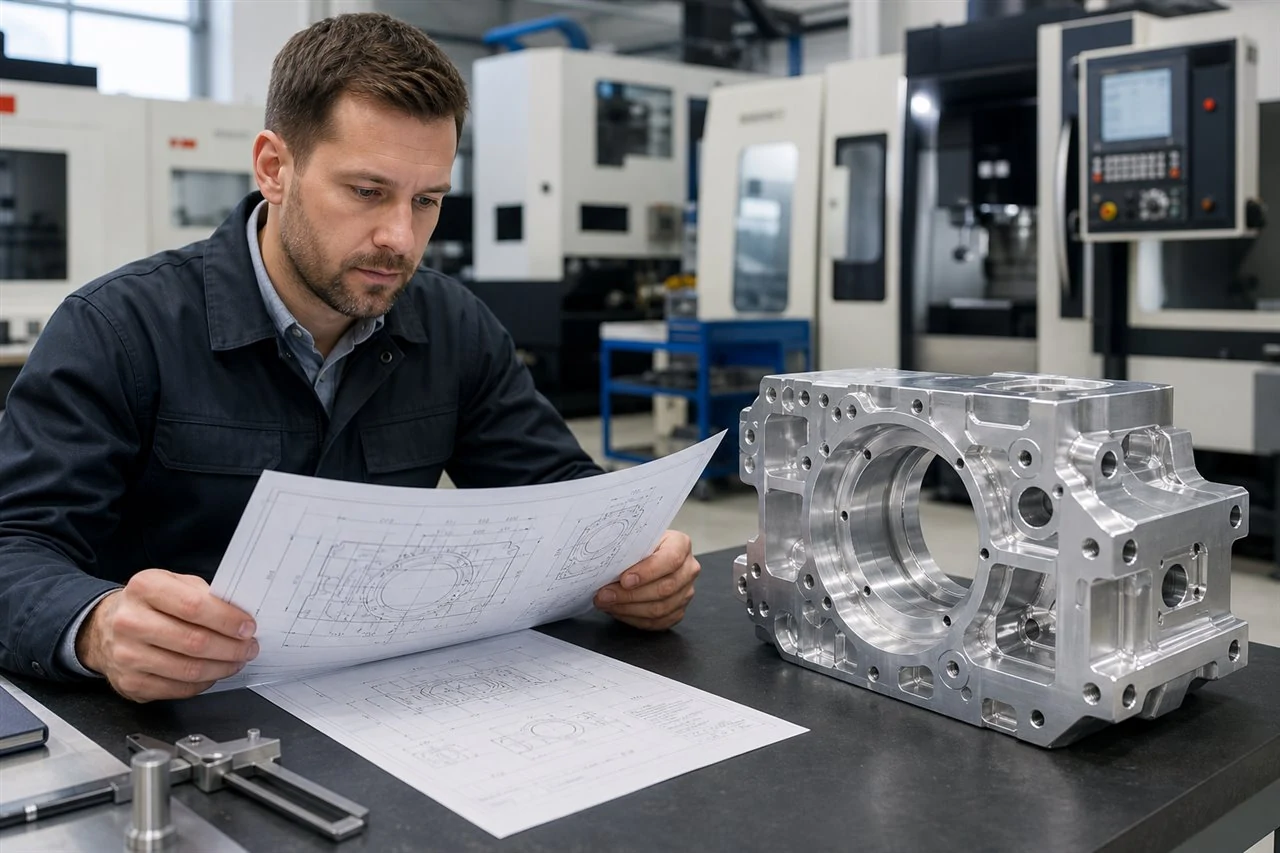 Engineer reviewing a technical drawing beside a machined metal housing