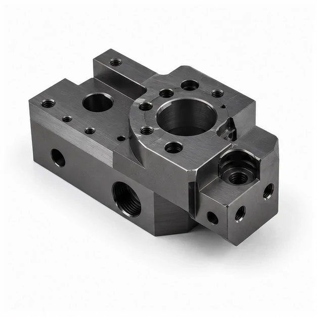Steel machined block with bores and threaded holes