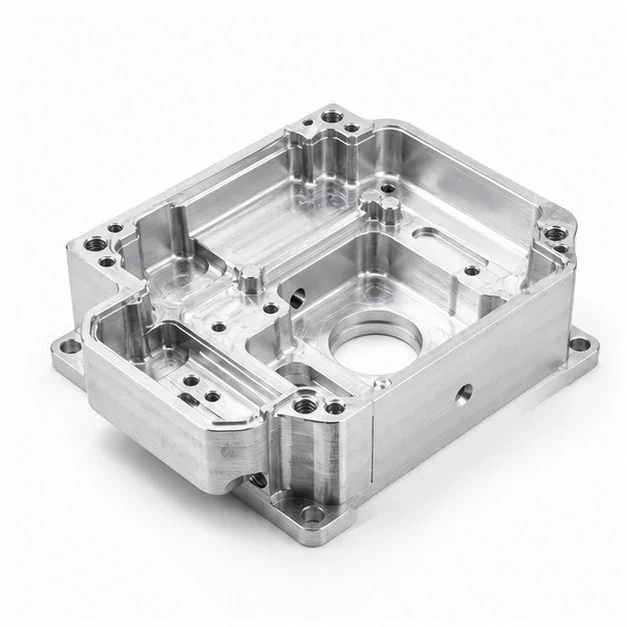 Open machined aluminum housing with internal pockets and mounting holes