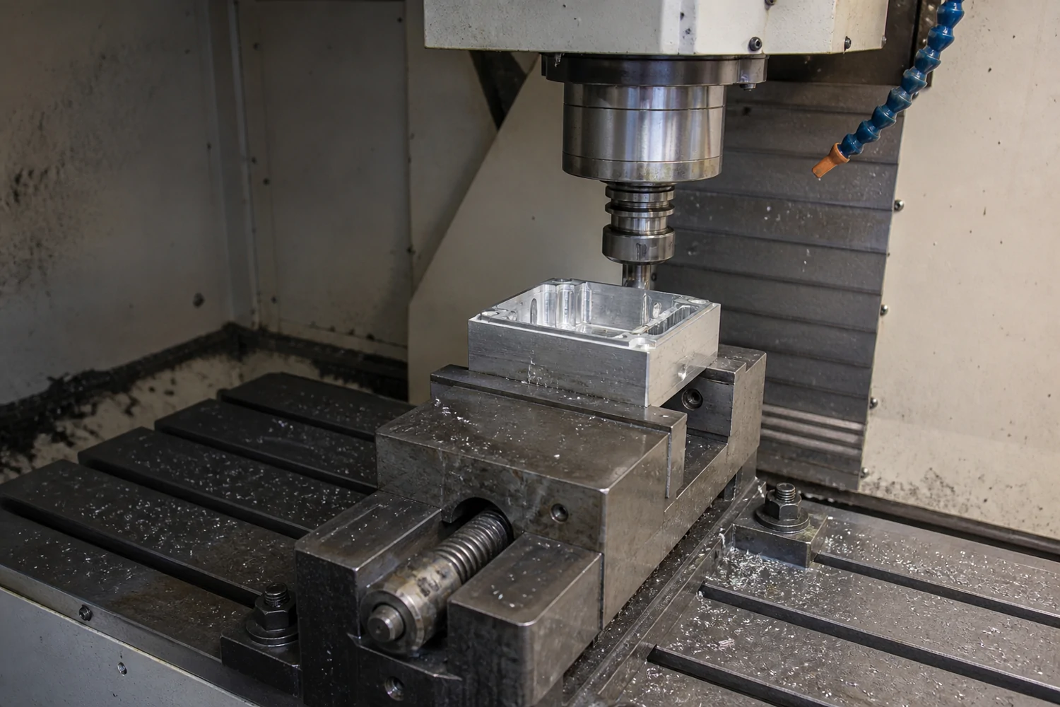 CNC spindle above an aluminum housing held in a machinist vise