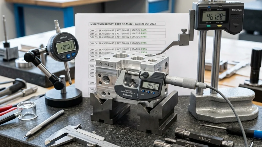 Machined components and dimensional measurement instruments on an inspection bench