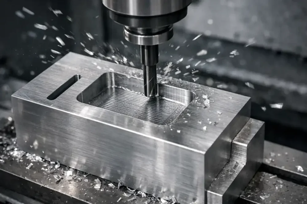 Cutting tool machining a feature in a metal block