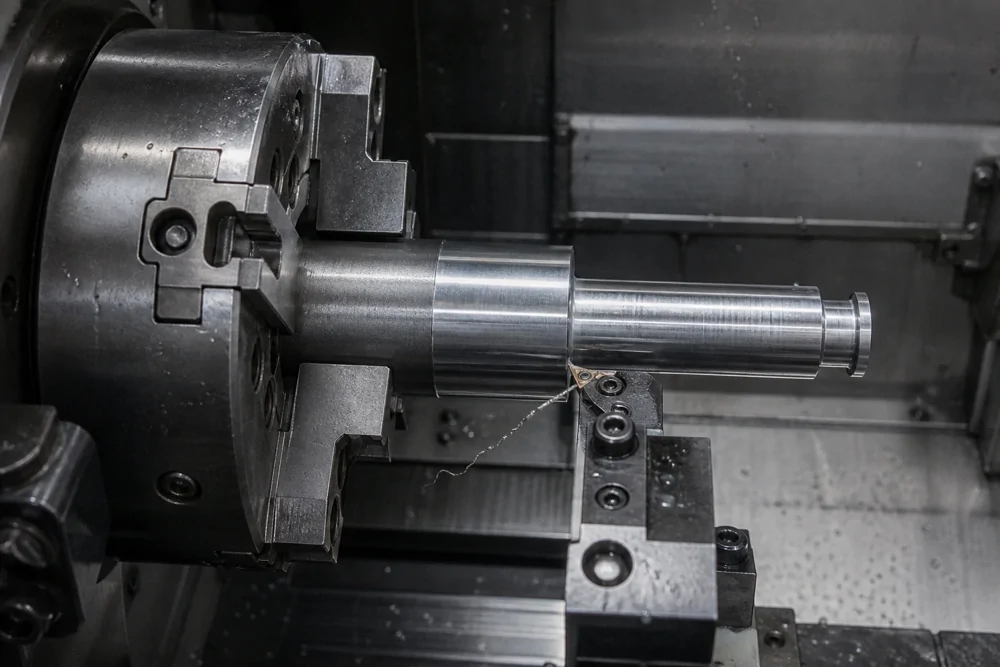 Stepped shaft held in a CNC lathe