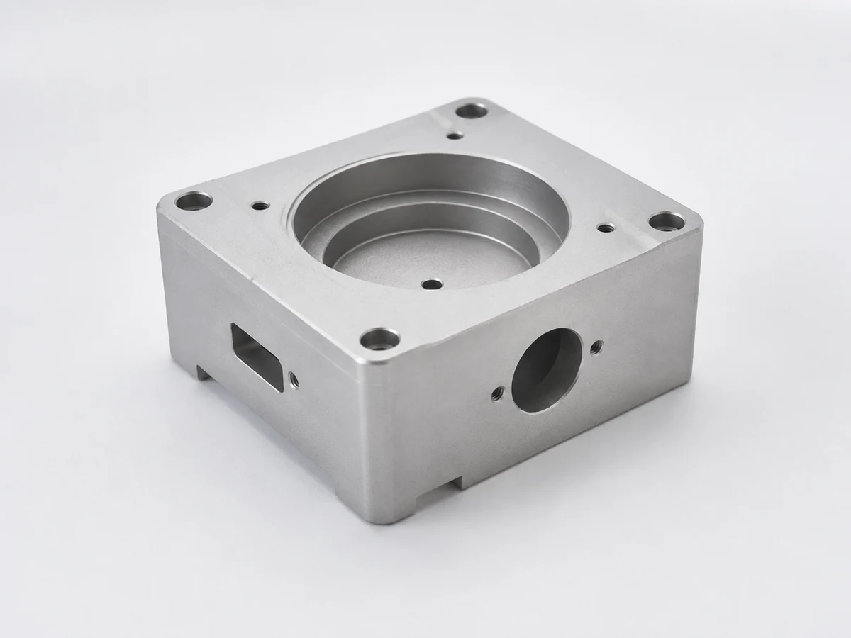 Illustrative machined housing with a fine matte bead blasted appearance