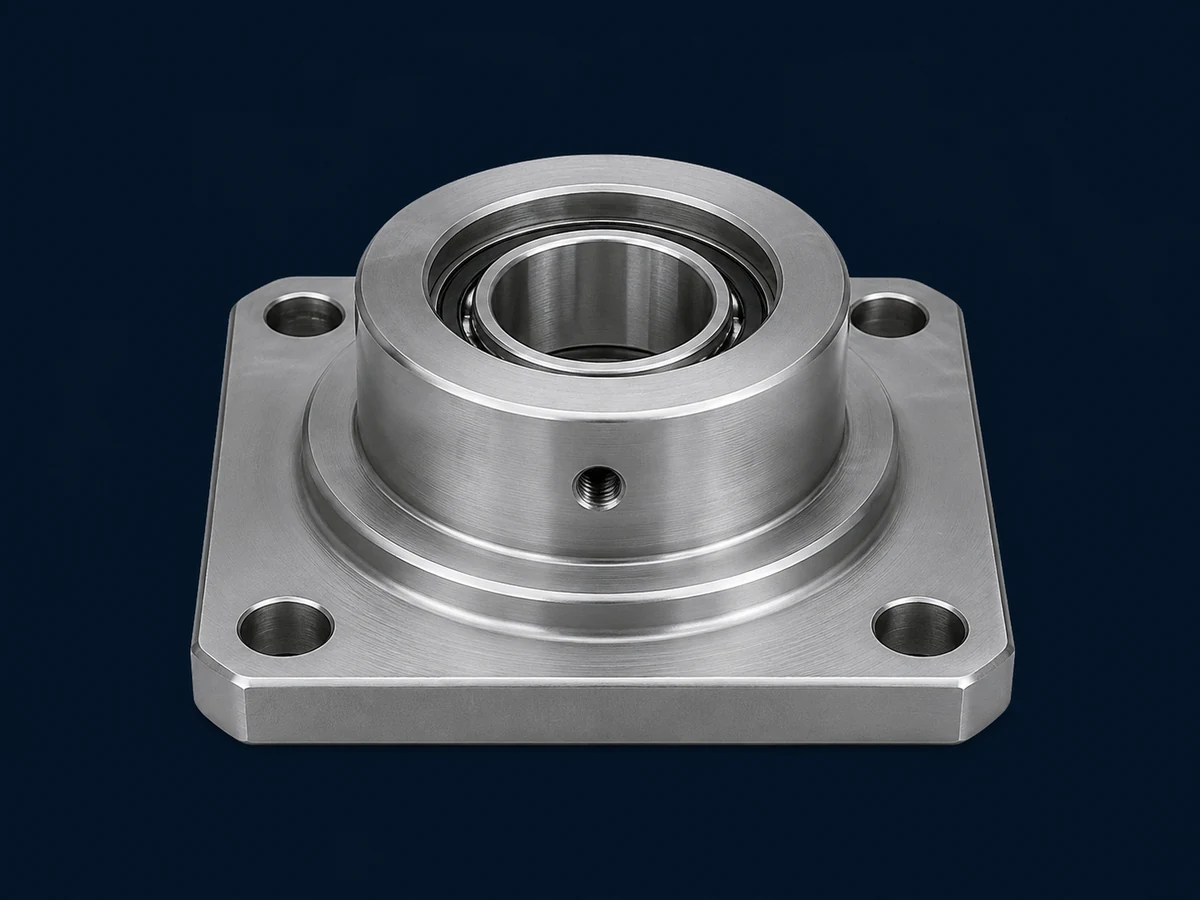 Illustrative bearing housing showing a bore, flange mounting faces and threaded features for finish planning