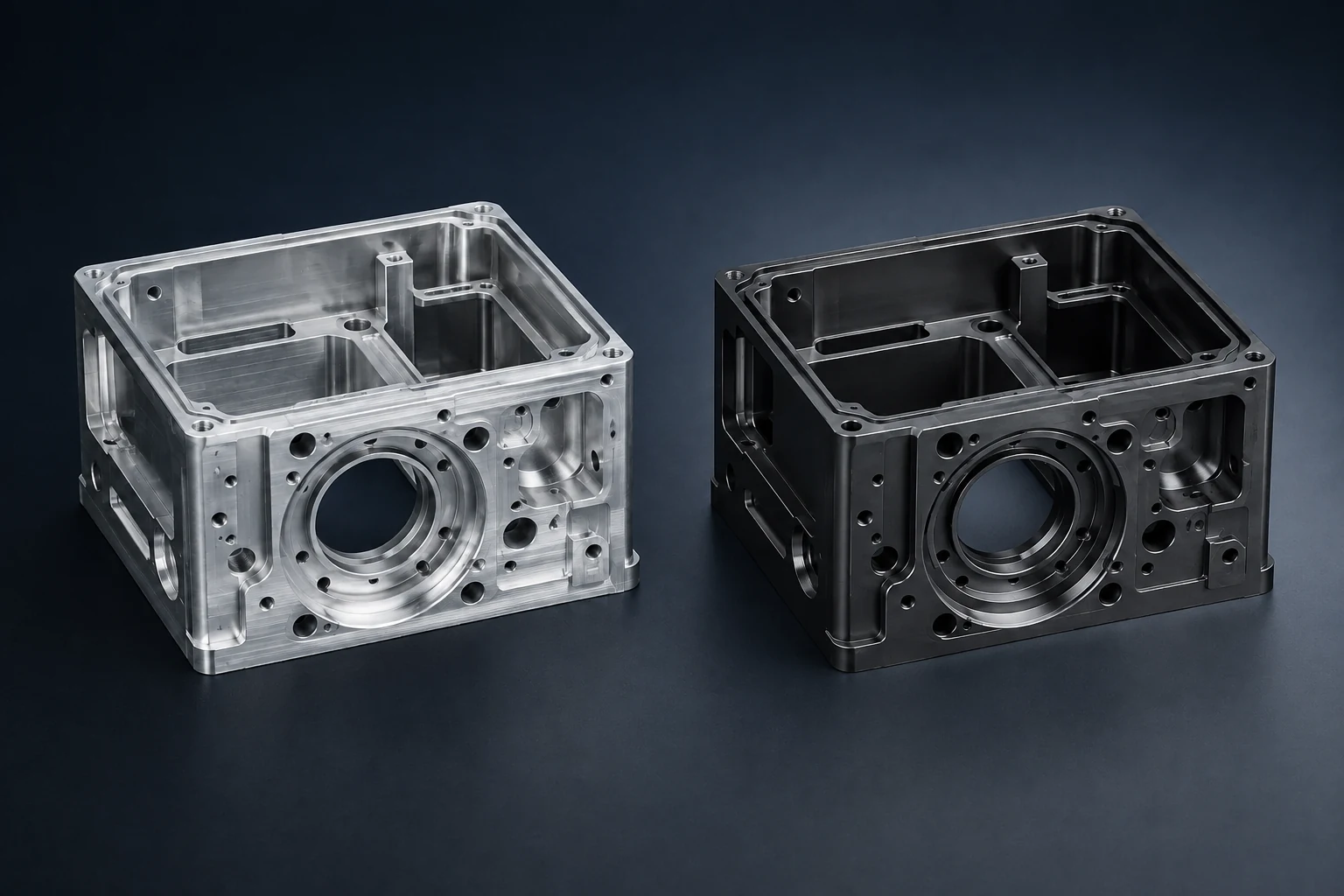 Illustrative comparison of the same CNC housing geometry in raw silver and black anodized appearances
