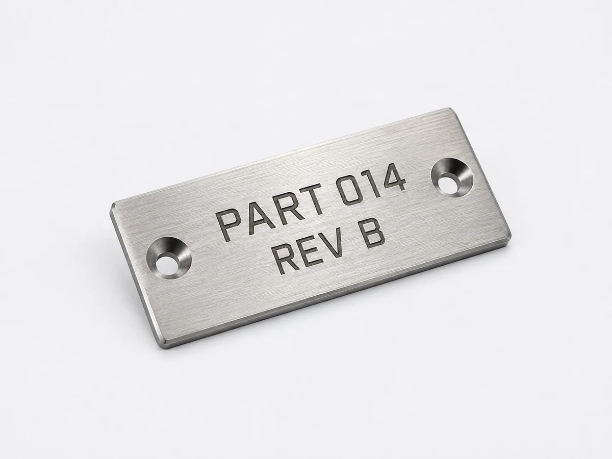 Illustrative brushed metal plate with laser marked part and revision identification
