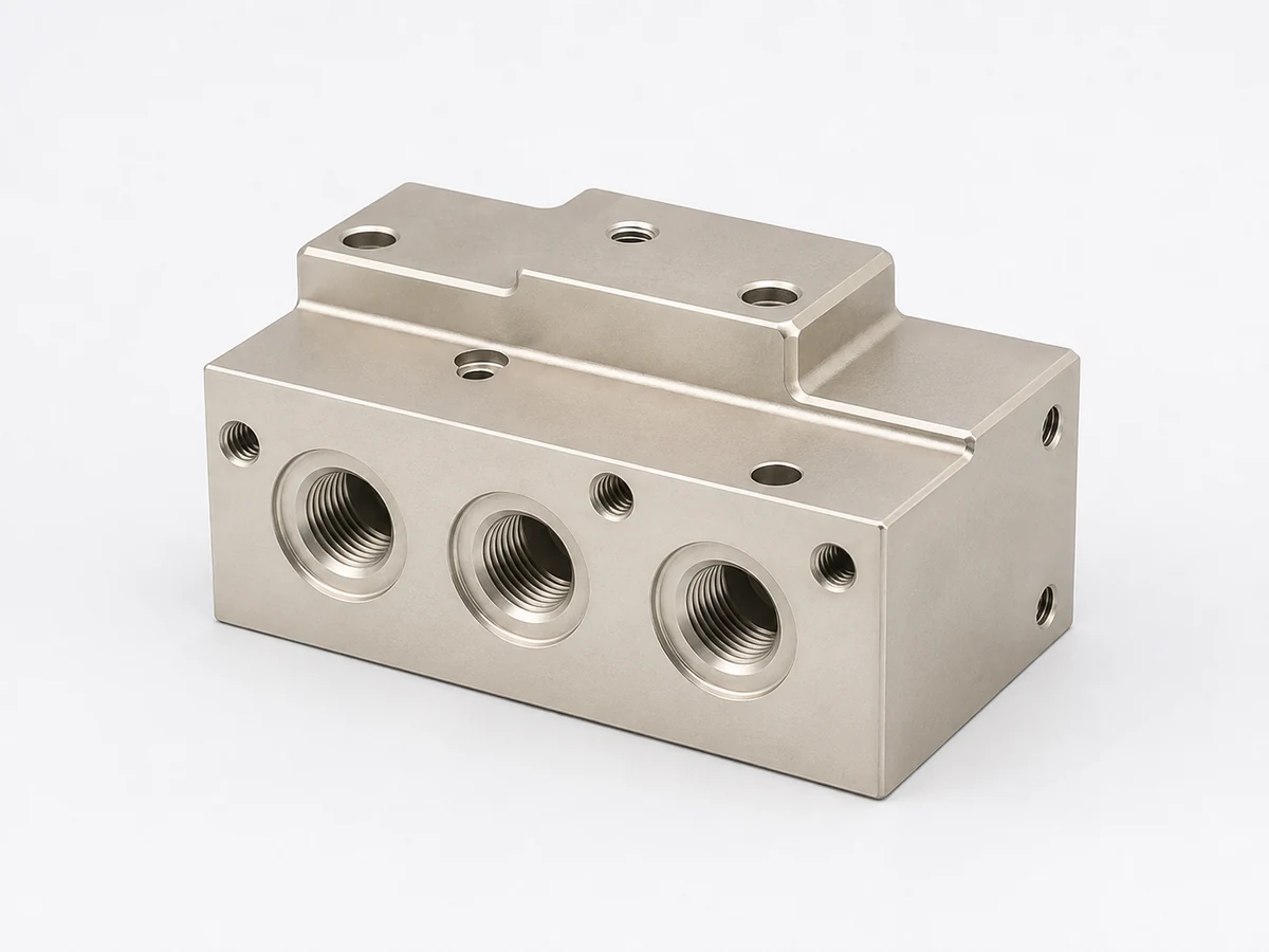 Illustrative manifold block with a satin nickel plated appearance