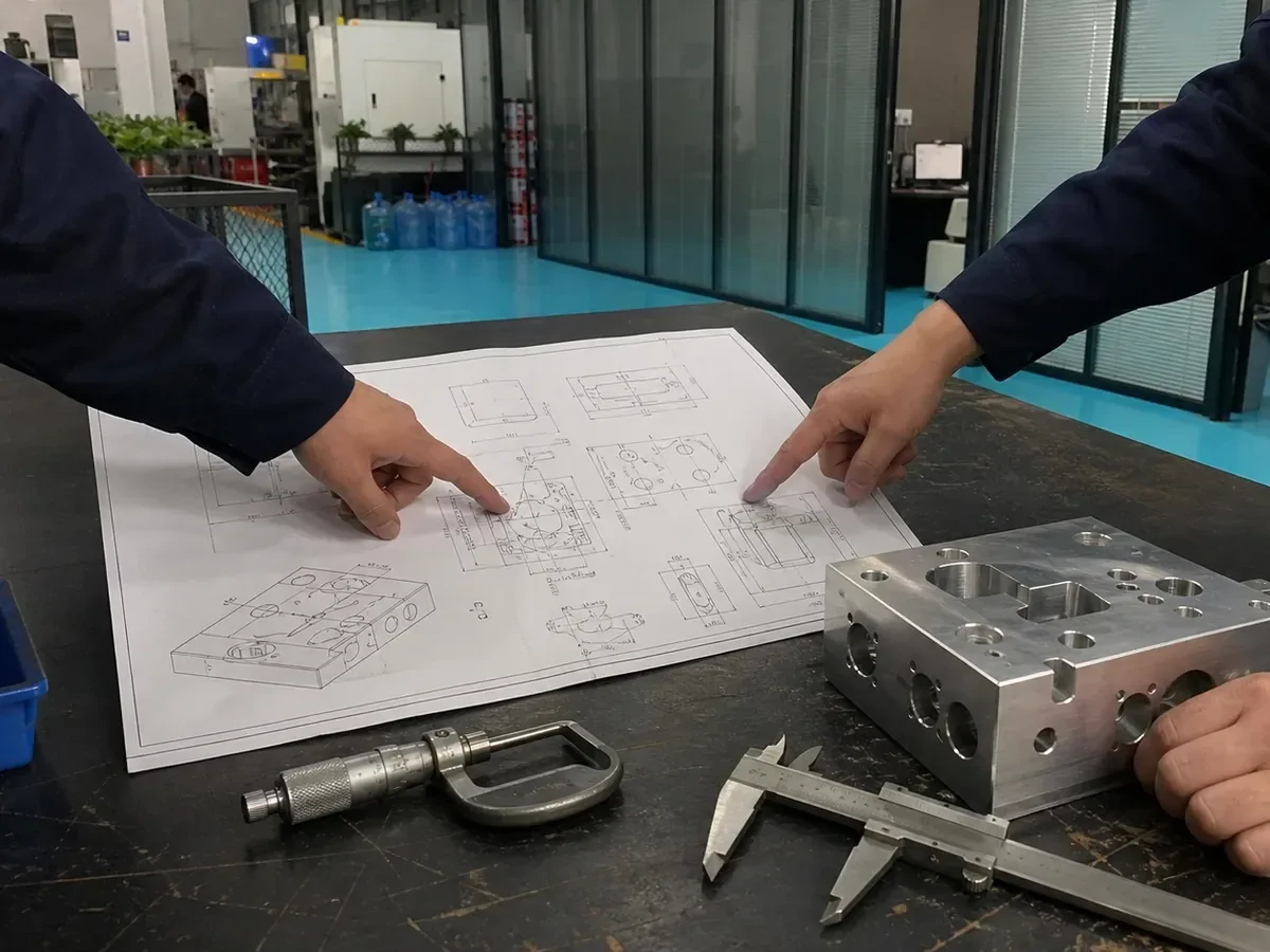 Engineers reviewing a drawing beside a machined component
