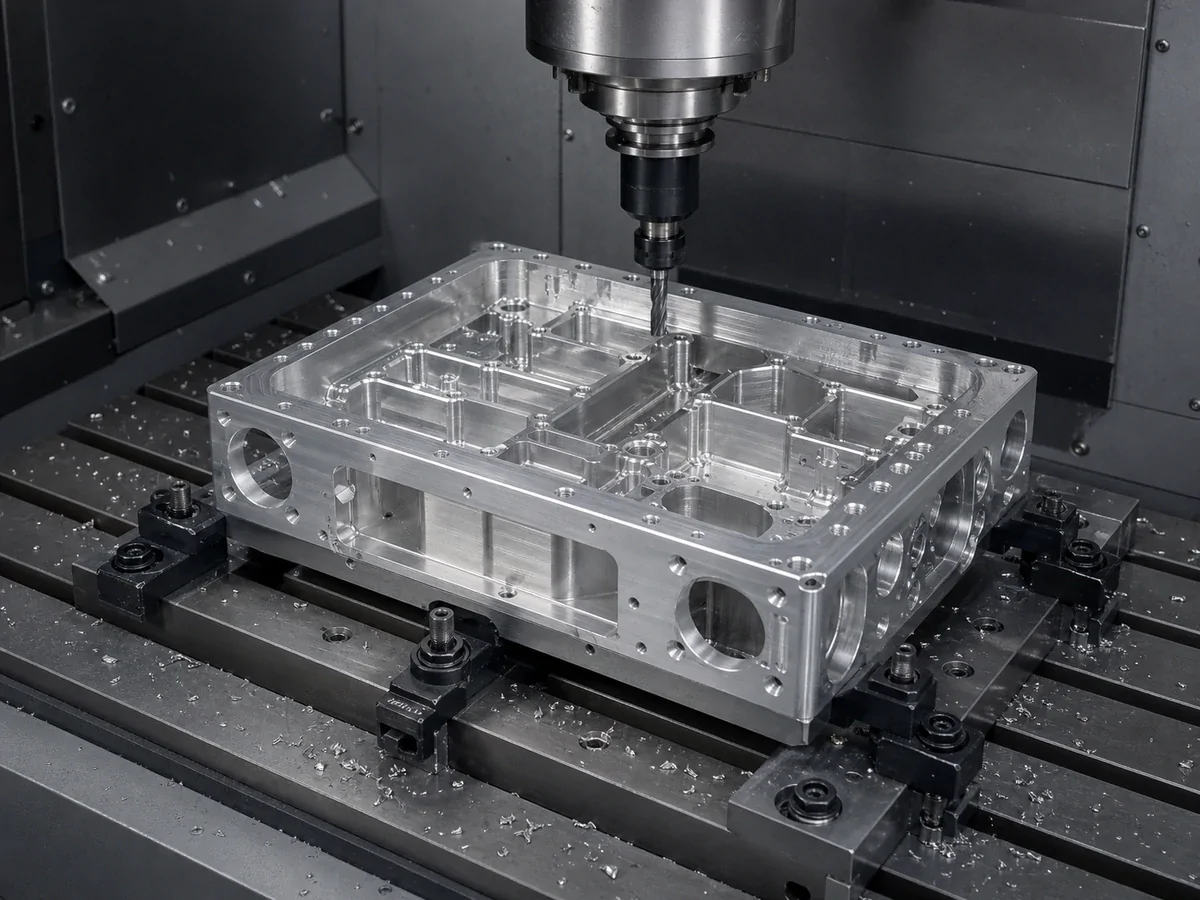 Milling tool positioned above a housing with multiple pockets and walls