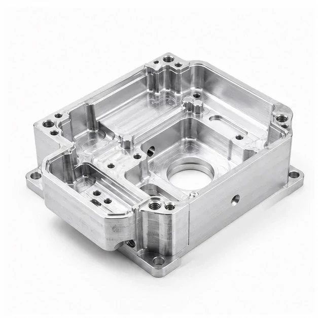 Open machined housing with internal pockets, walls and rounded corners