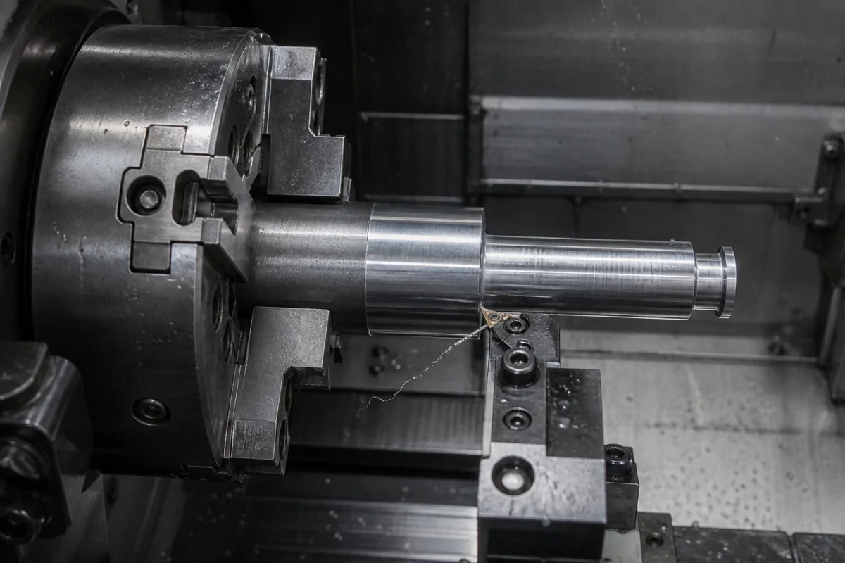 Shaft held in a lathe chuck with a turning tool nearby