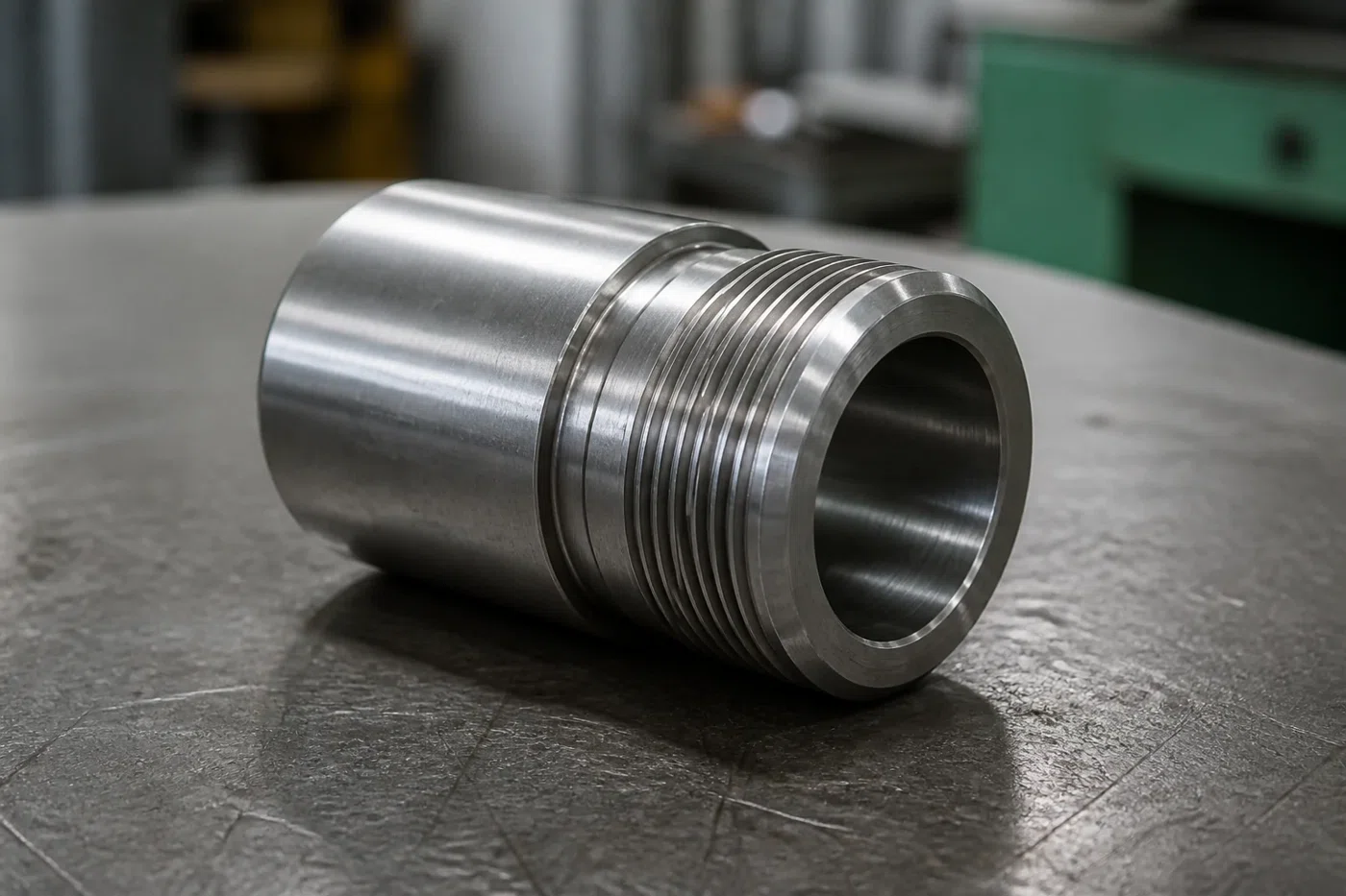 Turned sleeve with a central bore and stepped cylindrical surfaces
