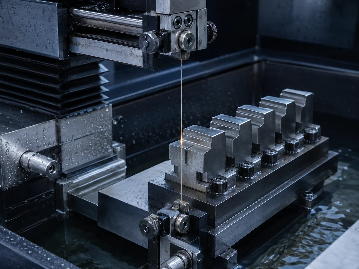 Multiple fixtured steel components prepared for repeat Wire EDM cutting