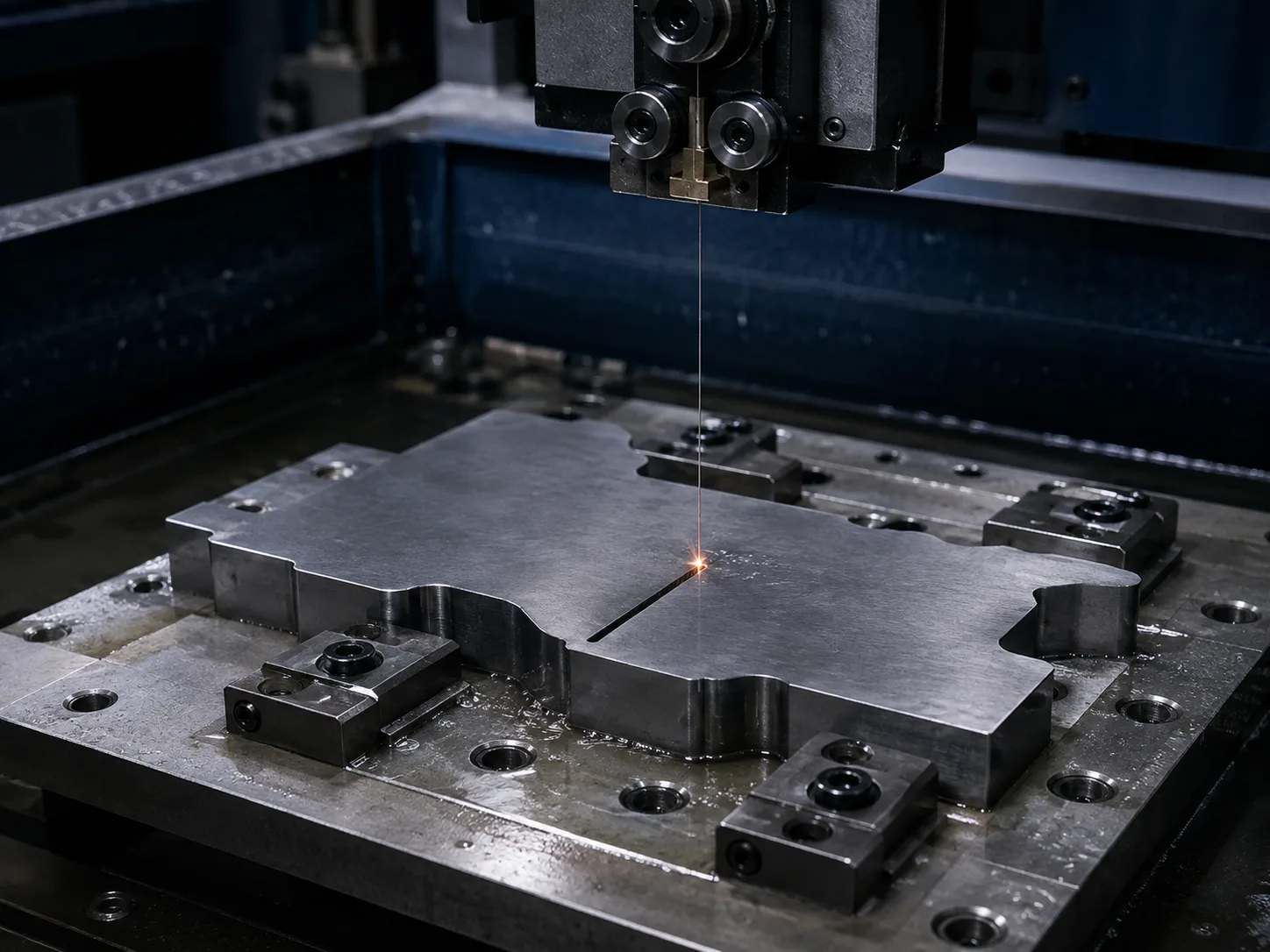 Thin Wire EDM wire cutting a complex external profile in hardened steel