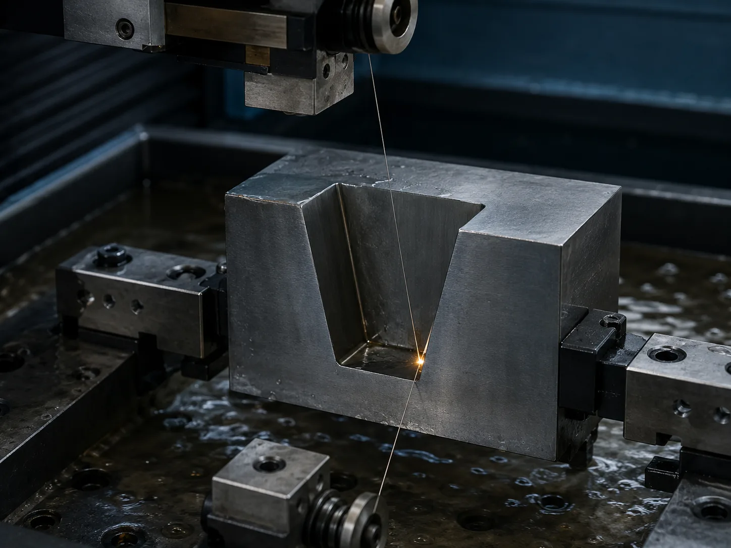 Angled Wire EDM wire producing a tapered wall in a steel block
