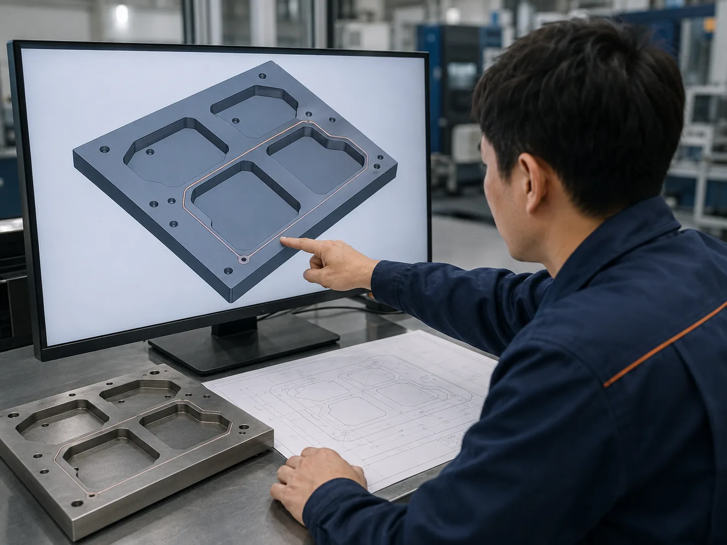 Engineer reviewing Wire EDM access and closed profiles on a technical drawing