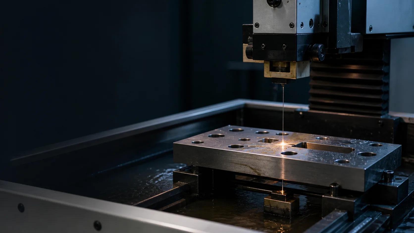 Thin Wire EDM cutting wire passing through a fixtured steel tooling plate