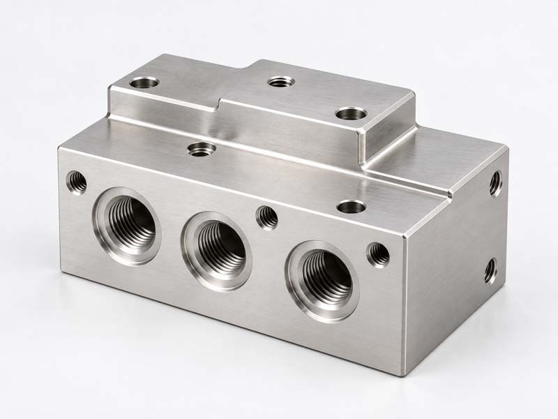 Aluminum manifold block with threaded ports displaying tight tolerances