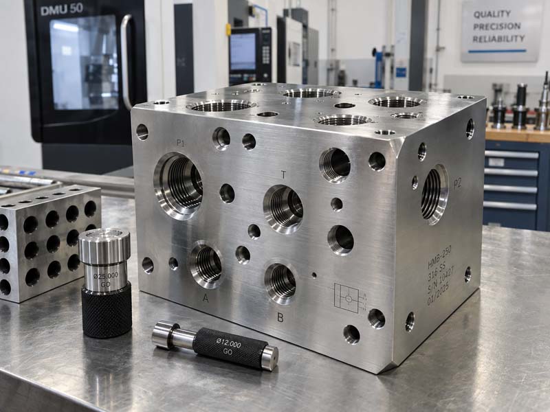 Inspection par jauge du bloc collecteur hydraulique, démontrant la mesure de tolérance critique