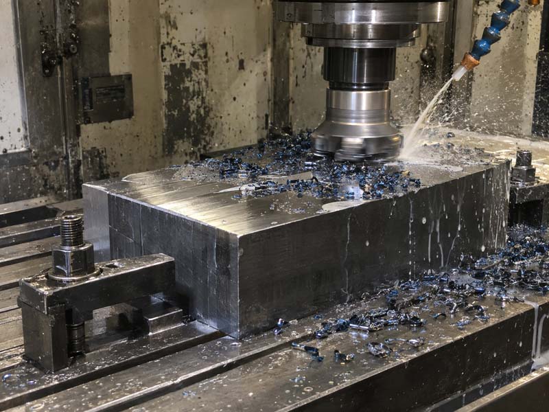 Grand bloc métallique lors du fraisage CNC, pièce à tolérance standard typique