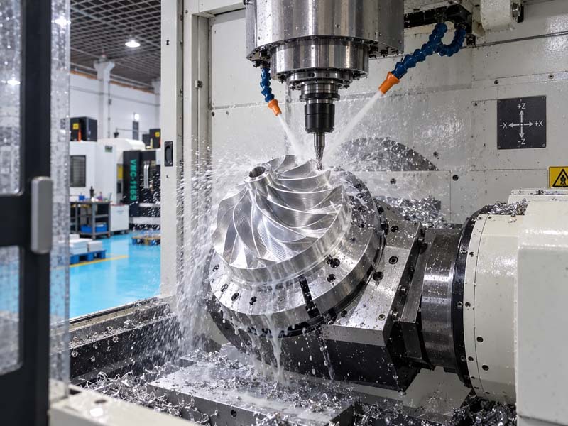 Large turbine impeller being machined on a 5-axis CNC mill