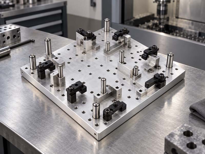 Modular fixture plate with locating pins for CNC machining